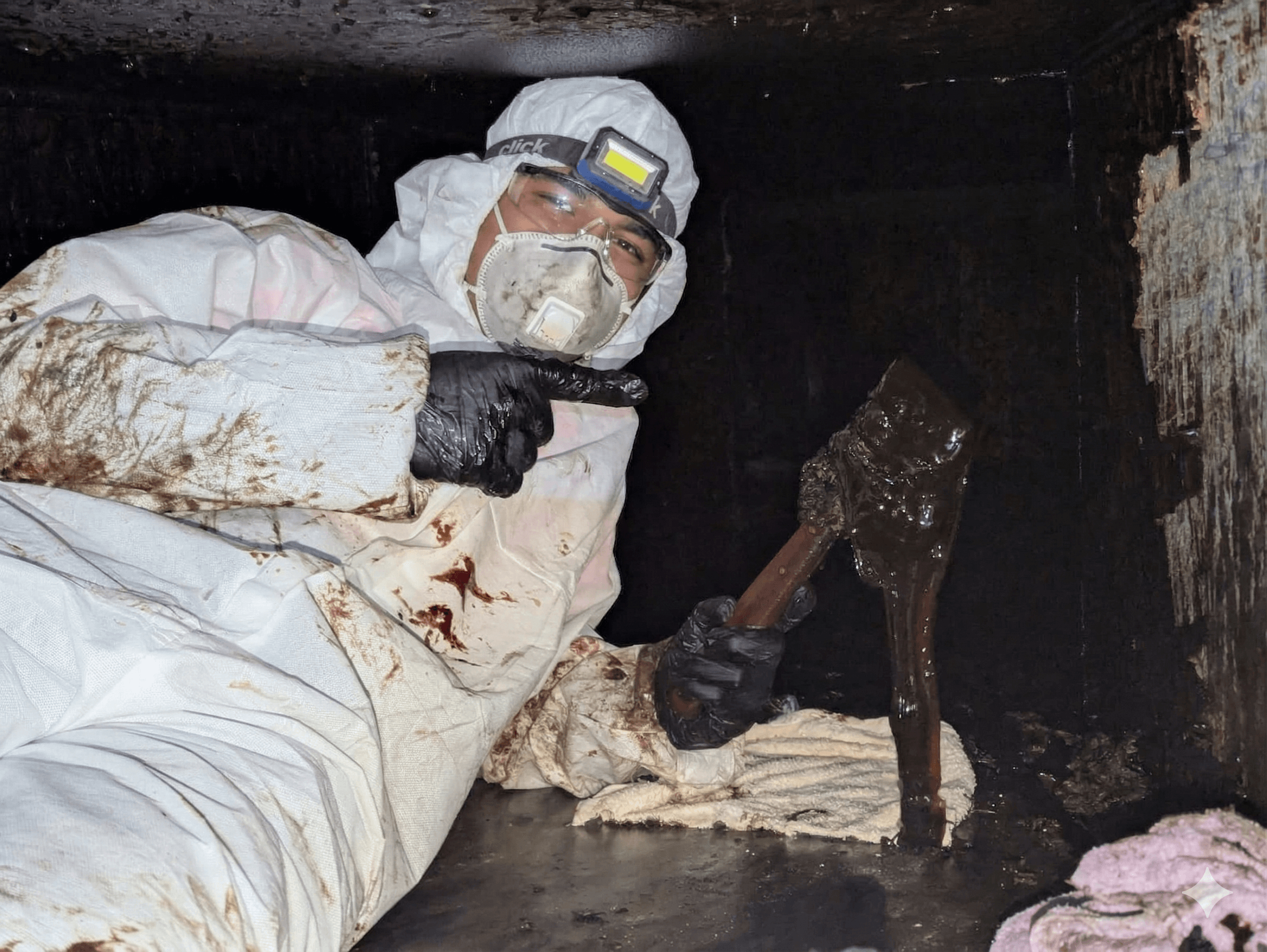Venticlean technician in full PPE documenting heavy grease buildup removal from an industrial duct.